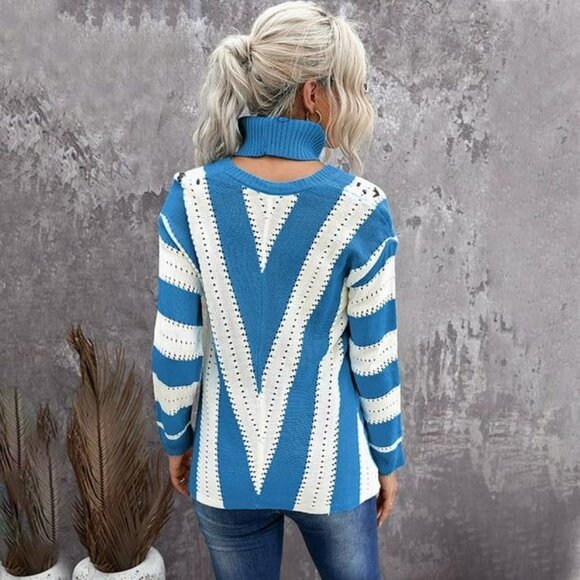 NWT SHEILAY Women's V Neck Sweater Long Sleeve Striped Color Block Knitted Pullo - Picture 3 of 10